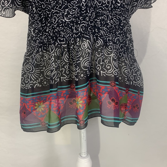 Bisou Bisou Sheer Black Floral Print V-Neck Peplum Top Size Large - Picture 3 of 13